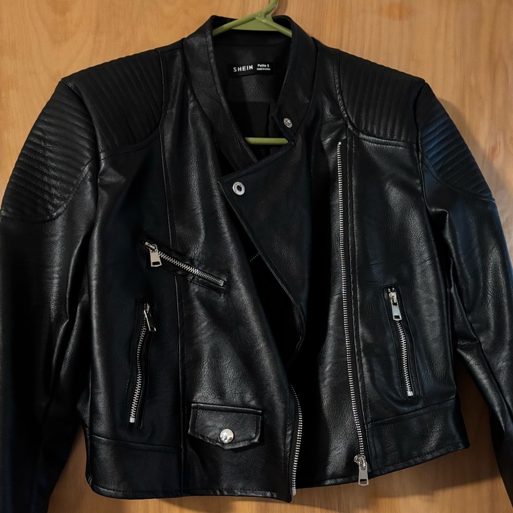 SHEIN Black Faux Leather Jacket with Silver Details